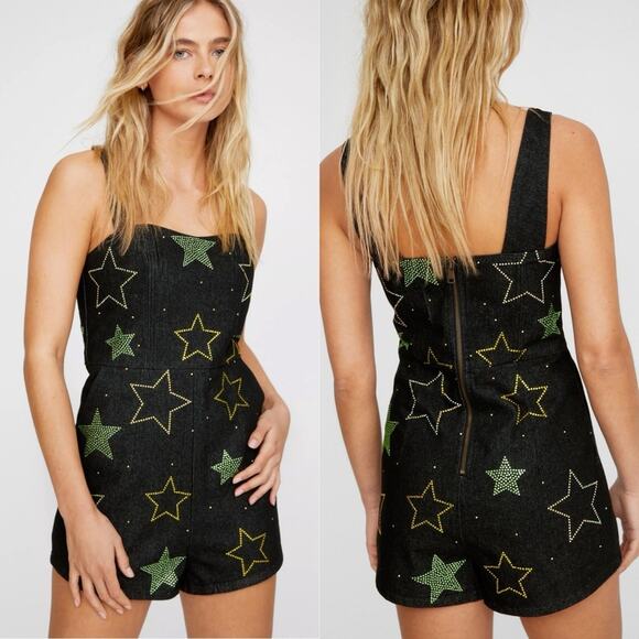 NWT Nasty Gal rhinestone star denim romper sz 4 - Picture 1 of 6
